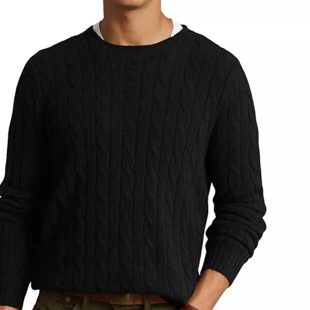 Vintage Polo Ralph Lauren Black Cashmere Cable Knit Crewneck Sweater Men's XL